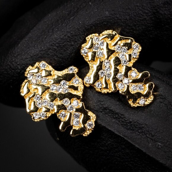Yellow Gold Plated 925 Sterling Silver Nugget Hip Hop Men's Screw Back Earrings - Picture 1 of 5